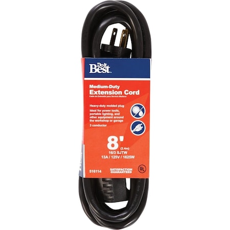 All-Source SJTW Extension Cord, 16 AWG, Outdoor, 16/3, 1 Outlets, Black, 8 ft OU-JTW163-8-BL